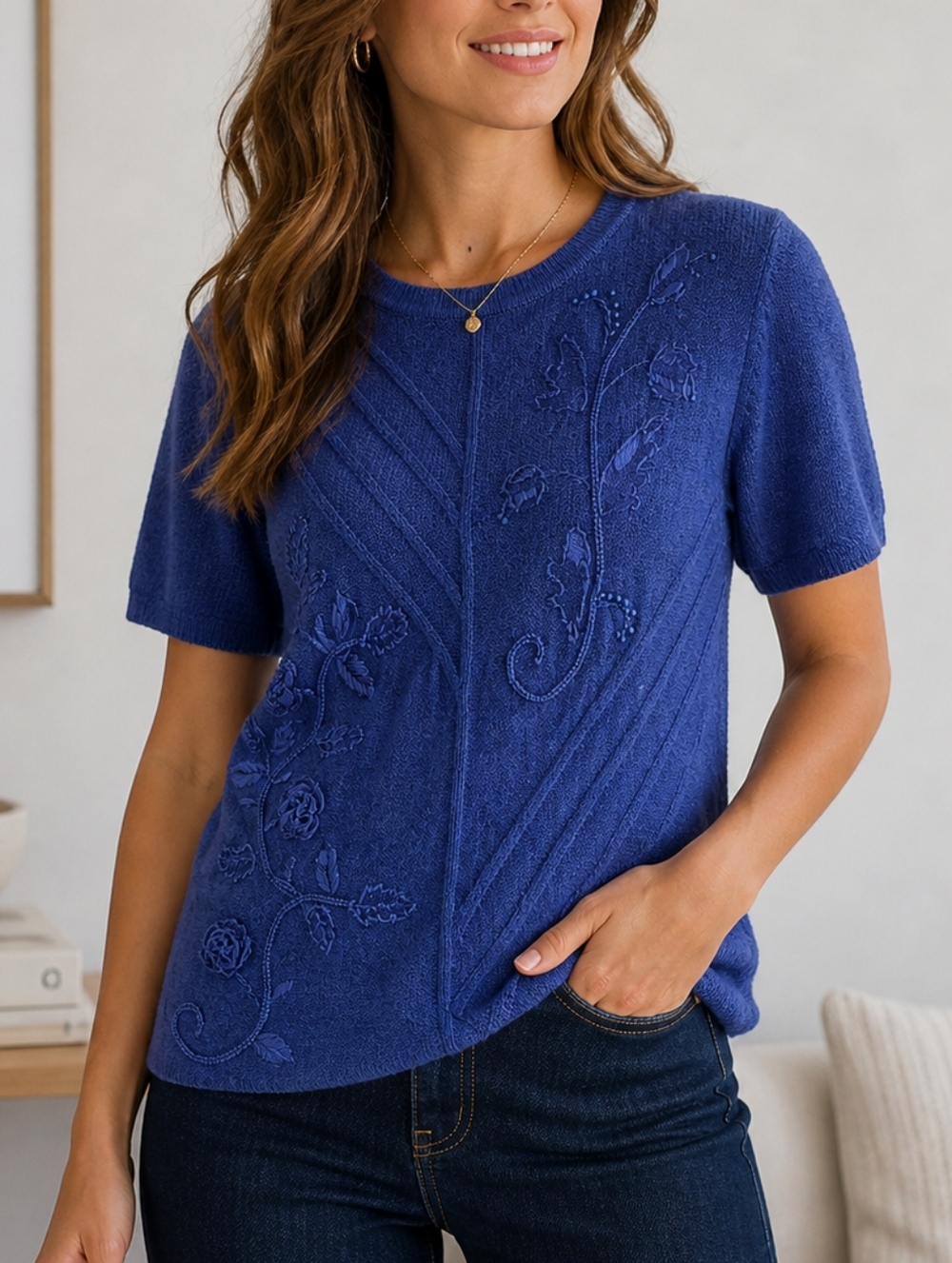 Beautiful Blue Knit Embroidered Top